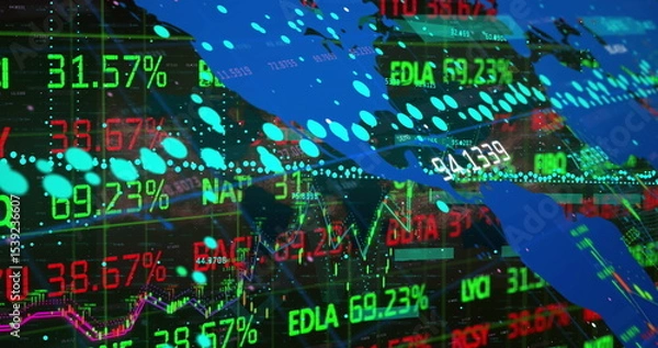 Fototapeta Financial market graph tracing line charts in trading dashboard, with map overlay and neon percents