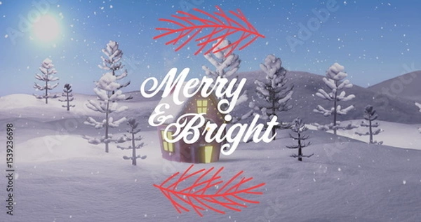 Fototapeta Drifting snowflakes accenting wooden cabin lit windows among pine trees, with Merry  and  Bright mot