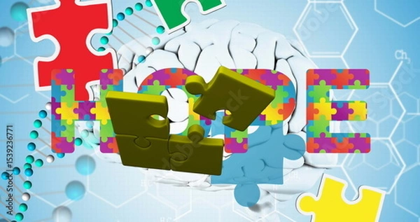 Fototapeta Displaying puzzle-piece HOPE hovering with floating puzzle pieces in backdrop with DNA, brain model