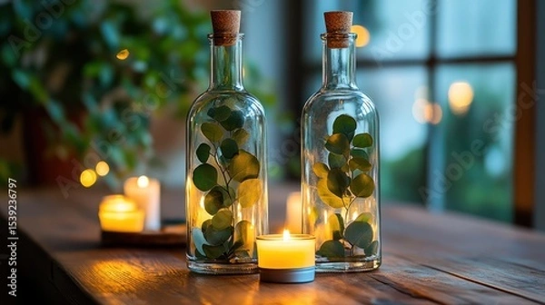 Fototapeta Two glass bottles, filled with eucalyptus leaves, sit on a wooden table, lit by candles