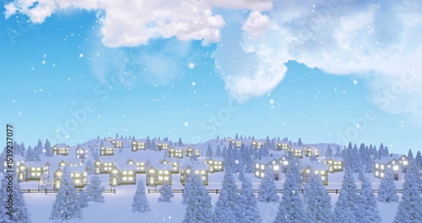 Fototapeta Cluster of snowy houses glowing from lit windows on hills with evergreen trees, falling snowflakes