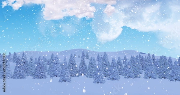 Fototapeta Falling snowflakes drifting through snowy hills, with snow-laden evergreen trees in winter