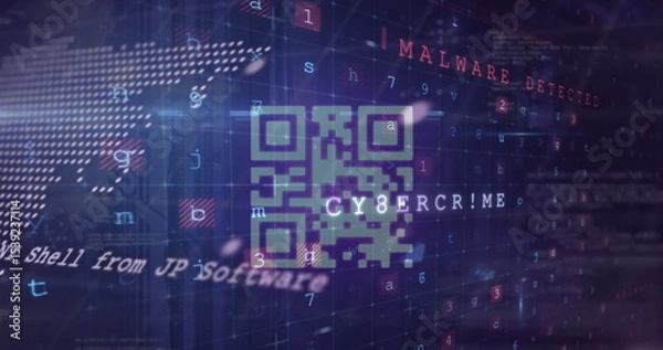 Fototapeta Neon-green QR code glitching over world map in circuit grid, with code fragments and malware alerts
