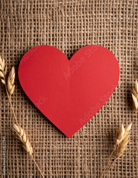 Fototapeta A handmade red paper heart contrasted against the texture of rough hessian fabric background.