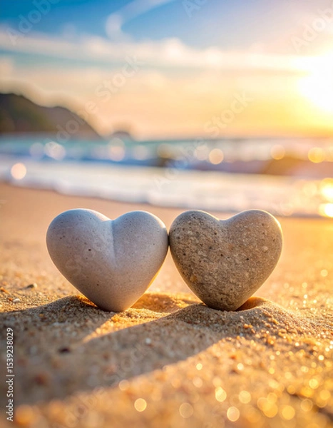 Fototapeta Two perfectly matched pebbles are nestled together forming a heart on a sandy beach at the water's edge.