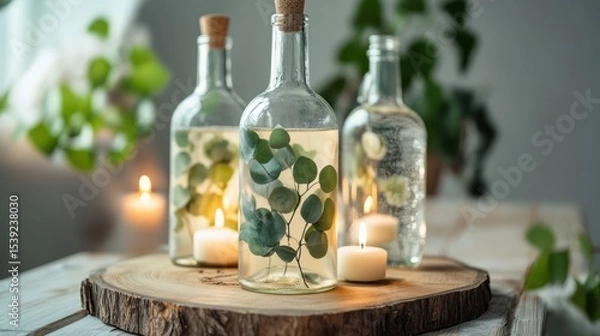 Fototapeta Three glass bottles with eucalyptus, candles, and wood slice