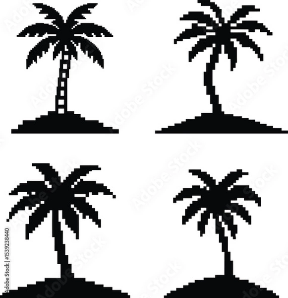 Obraz Pixel-style Set - 4 Coconut Tree Silhouettes on Unique Islands, EPS/JPEG/PNG