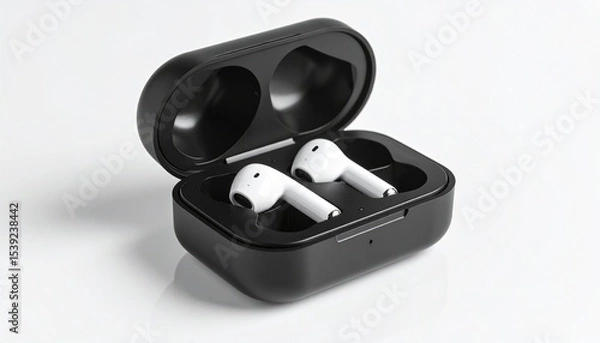 Fototapeta Wireless earbuds in charging case. Ideal for tech ads, product promos, and lifestyle electronics branding.