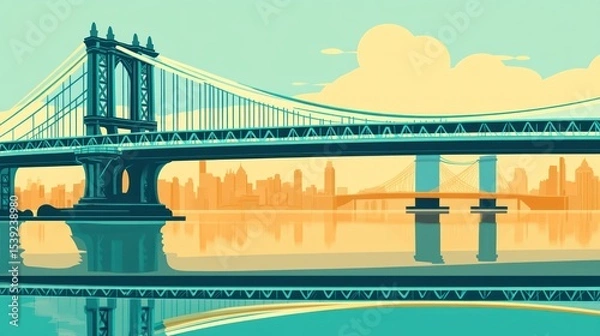 Fototapeta Cityscape view of a suspension bridge over water