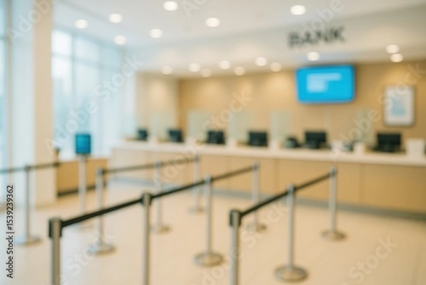 Fototapeta Blurred bank lobby with counter and stanchions creating a queuing area. Financial institution interior with soft focus.
