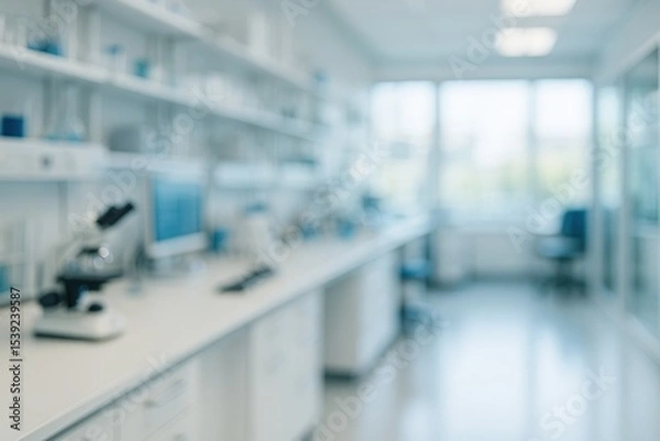 Fototapeta Blurred laboratory interior with lab equipment on white counter. Science and medical research background for healthcare and education.