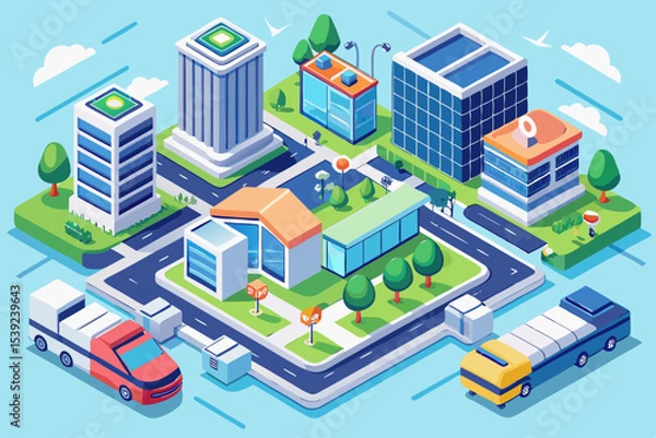 Obraz Isometric city vector illustration set: urban buildings, homes, factories, and streets designed for business and real estate maps