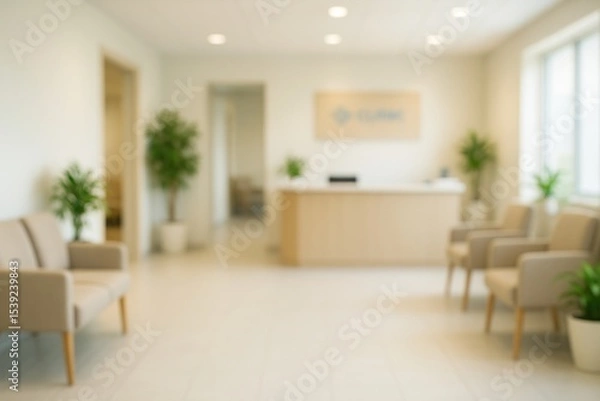 Fototapeta Blurred office waiting room with chairs and reception desk. Defocused interior of a clinic or hospital lobby. Medical concept for web background.