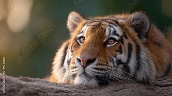 Fototapeta Tiger rests its head on a log looking alert. Majestic wildlife, predator, nature, strength, determination.