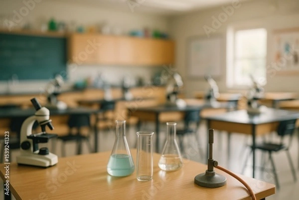 Fototapeta Science classroom with lab equipment including flask, beaker, and microscope. Empty school laboratory ready for experiment. Blurred background.