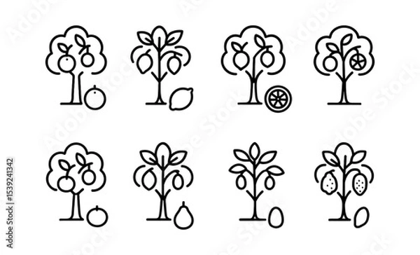 Fototapeta Outline icon set of fruit trees featuring citrus, apple, and pear