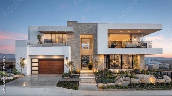Fototapeta Brightly lit modern home with horizontal lines, earthy colors, and open landscaping