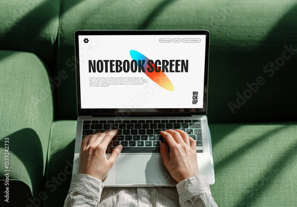 Obraz Laptop Screen Mockup on Green Sofa