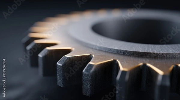 Fototapeta Gear is shown up close in dramatic lighting. Technical precision, engineering, machinery, industrial design, mechanical parts.