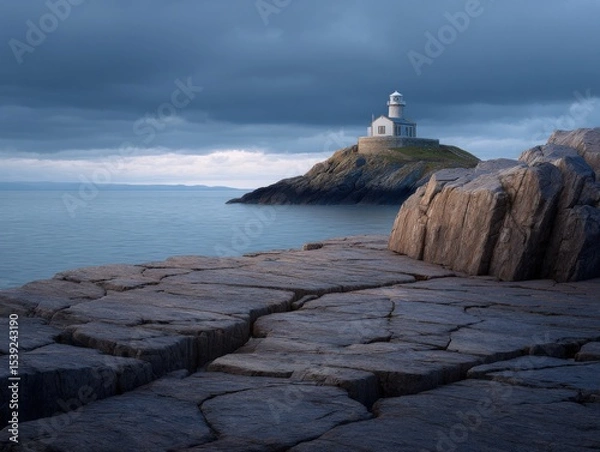 Fototapeta Lighthouse stands on rocky peninsula against cloudy sky. Coastal landmark, scenic seascape, remote location, travel destination