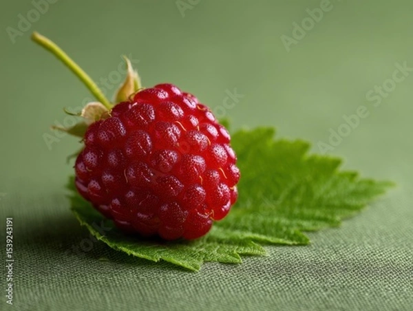 Fototapeta A single raspberry sits atop a green leaf. Fresh, juicy berry, healthy eating, summer snack, sweet treat, vibrant colors, close up shot.
