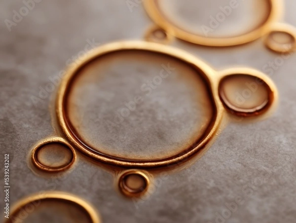 Fototapeta Golden bubbles float on neutral surface. Microscopic view, cell structure, molecular, science, abstract, fluid, oil