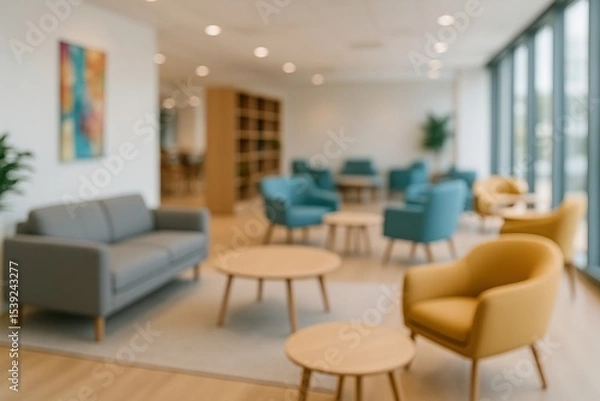 Fototapeta Blurred background of a modern lobby with stylish furniture and large window. Abstract view for interior design concept.