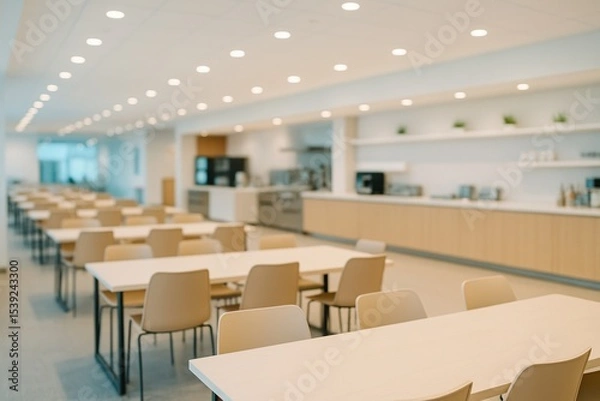 Fototapeta Empty kitchen dining area with multiple tables and chairs. Modern office interior blurred background. Clean cafeteria for coworker lunch breaks.