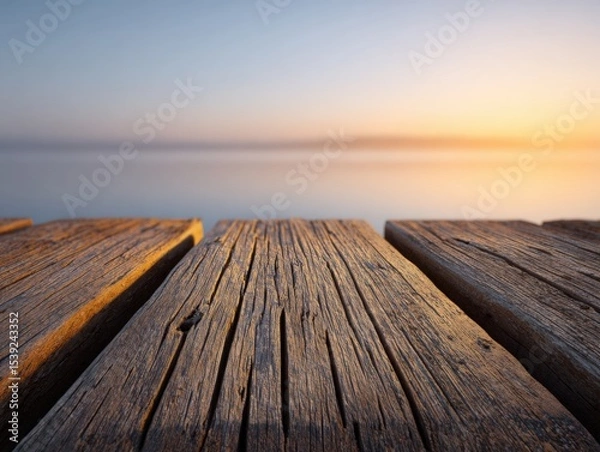 Fototapeta Old wooden pier leading towards the peaceful water at sunset. Rustic dock, seaside, relaxation, tranquil scene, outdoor, scenic view