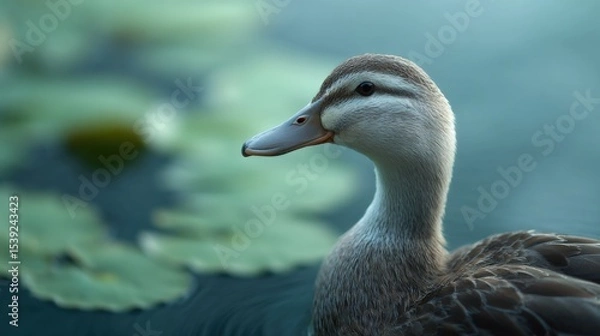 Fototapeta Duck swims peacefully in a pond surrounded by lily pads. Tranquil aquatic scene, wildlife, nature, ornithology, waterfowl habitat.
