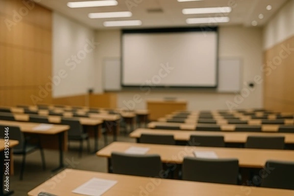Fototapeta Blurred university lecture hall with rows of empty seats and a blank projection screen in a modern conference room.