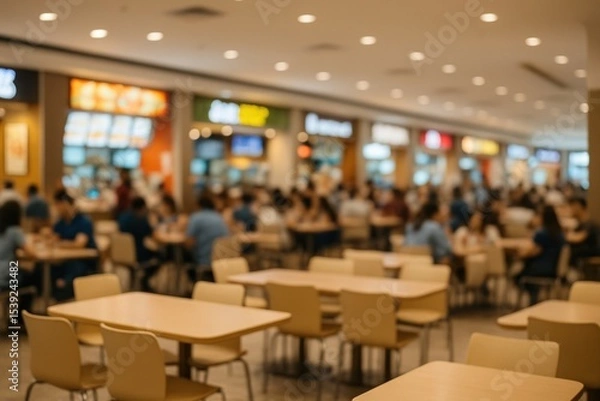 Fototapeta Blurred image of a food court in bright shopping mall. Abstract background showing a busy restaurant setting.