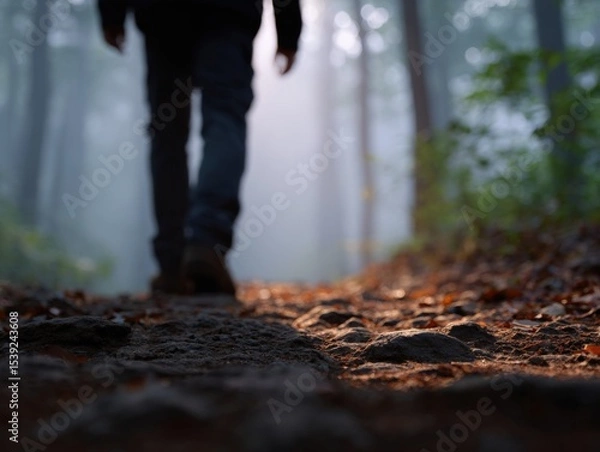 Fototapeta Person walks on misty path in forest. Foggy nature, travel adventure, explore outdoors, morning walk.