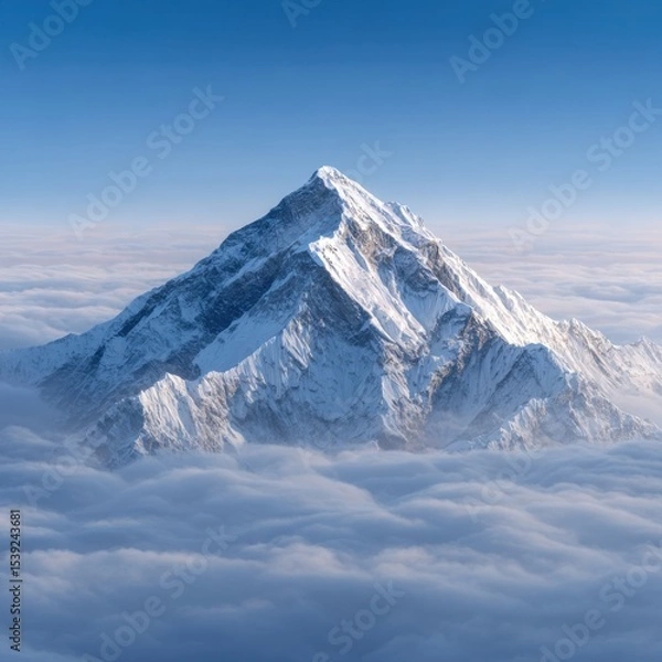 Fototapeta Mountain peak rises above cloud layer against blue sky. Himalayan mountains, Everest peak, snowy summit, landscape, travel.