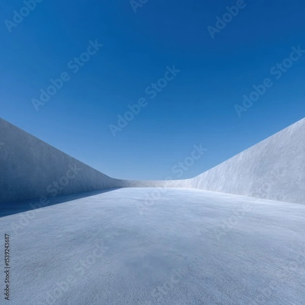 Fototapeta Minimalist corridor with blue sky and cement walls. Abstract architecture, modern design, urban landscape, creative concept.