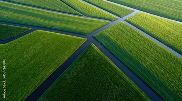 Fototapeta Aerial view shows green fields separated by waterways. Agricultural landscape, rural scenery, farming, irrigation, water management, natural resources
