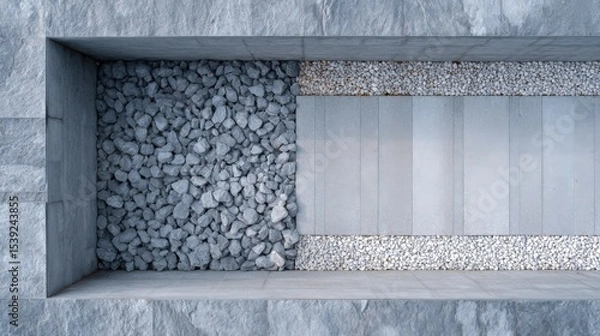 Fototapeta Abstract shot of rocks and tiles in recessed wall. Interior design, hardscaping, texture, decoration