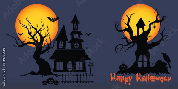 Fototapeta Spooky Halloween Night Scene with Haunted Castle, Scary Trees, Full Moon, Vampire, Ghosts, and Dark Forest – Horror Holiday Illustration in Silhouette Style for Autumn Backgrounds