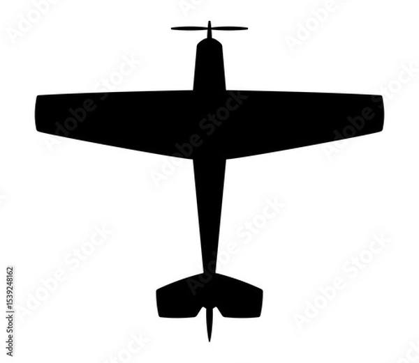 Obraz Black silhouette of light propeller aircraft from below view. Clipart image isolated on background.