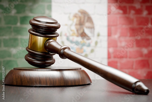 Fototapeta Wooden Gavel Resting on Table In Front of A Brick Wall with Mexican Flag.