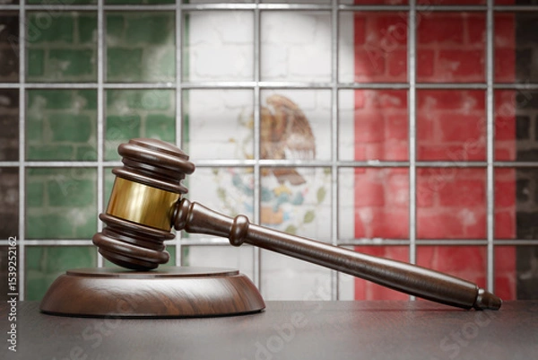 Fototapeta Wooden Gavel Resting on Table In Front of Prison Bars and A Brick Wall with Mexican Flag.