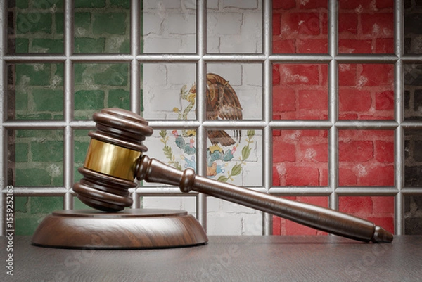 Fototapeta Wooden Gavel Resting on Table In Front of Prison Bars and A Brick Wall with Mexican Flag.