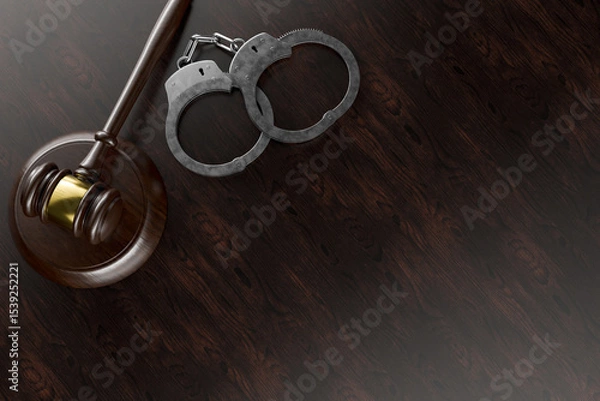 Fototapeta Gavel and Handcuffs on a Wooden Desk or Table Surface with Room for Copy.