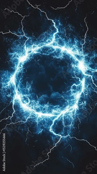 Fototapeta A circular burst of blue lightning with dark center and surrounding black background with strikes