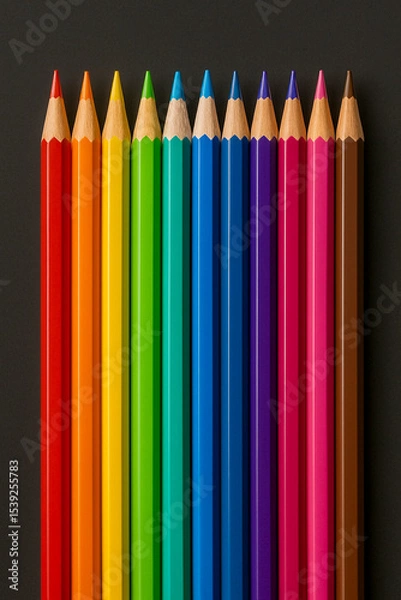 Fototapeta American School Colored Pencils in Rainbow Order on Dark Background