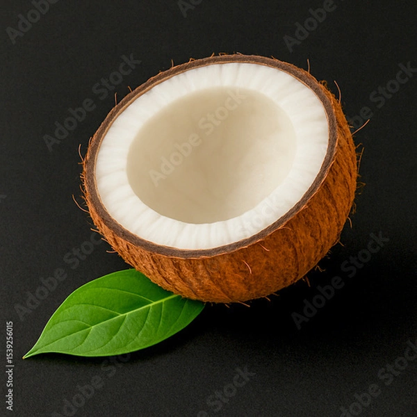Fototapeta Tropical Caribbean Coconut Half with Leaf on Black Background