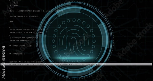 Obraz Displaying biometric fingerprint graphic on terminal screen, with concentric HUD arcs and code