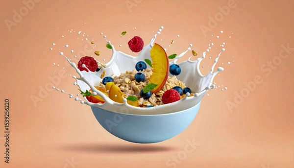 Fototapeta Splashing Oatmeal with Fruit and Milk on Peach Background