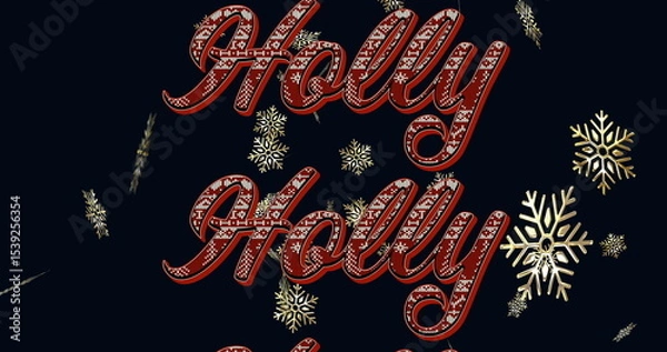 Fototapeta Displaying red cursive 'Holly Jolly' text on dark navy background, with gold snowflake decoration
