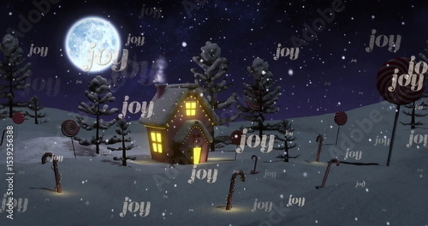 Obraz Snow-covered cottage radiating glow in forest under full moon, with candy canes and smoking chimney